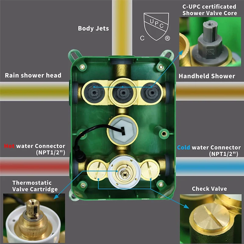 صمام خلط ثرموستاتي ثلاثي الاتجاه من النحاس الذهبي المصقول، صمام تحويل الدش 3 وظائف #5