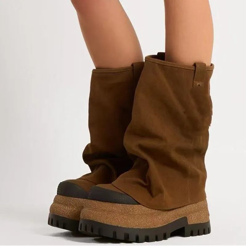 2025 النساء حذاء من الجلد للمرأة جولة تو سميكة القاع منتصف العجل الخريف الشتاء أحذية Mujer الارتفاع زيادة منصة الأحذية #3