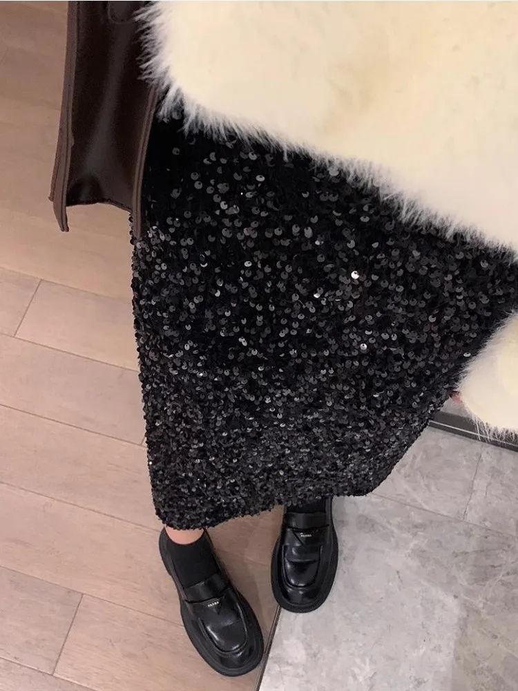 Women Velvet Long Skirt Fashion High Waist Straight Split Skirt Spring Autumn Elastic Waist Design Shiny Sequinned Skirts Female