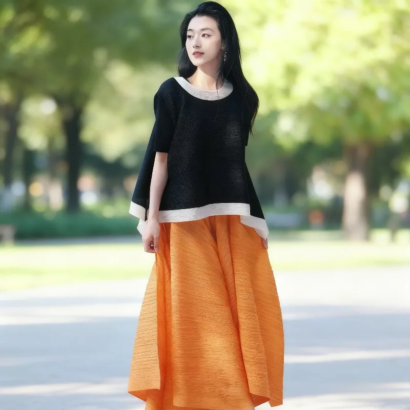 

Miyake Pleated T-shirt Fashion Splicing Short Top 2026 New Casual High Waist Thin Stretch Half Skirt Korean Wear Top Fold Women