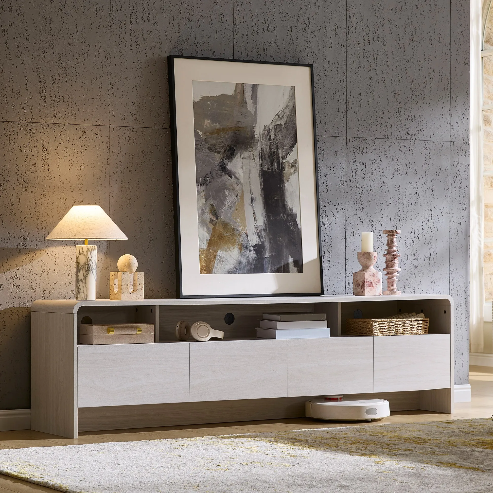 

Современная подставка для телевизоров 70 дюймов, подходит для телевизоров до 80 дюймов. | Деревянная тумба под телевизор с изогнутым профилем и 2 шкафчиками для хранения, медиаконсоль Enterta