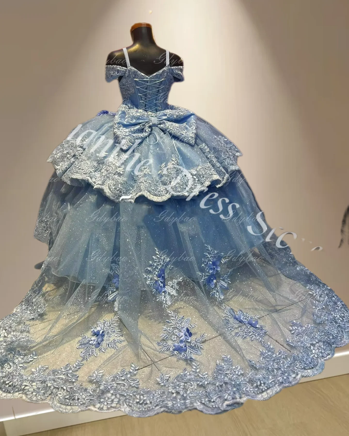

Customized Sky Blue Flower Gir Dress For Wedding Tulle Puffy Applique Lace With Bow Child First Eucharistic Birthday Party Dress
