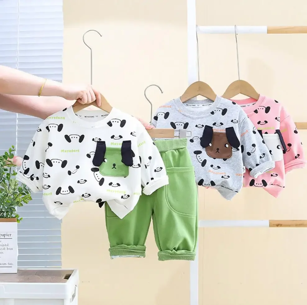 Infant Autumn Baby Clothes Sets 6 To 12 Months Designer Cartoon Print Puppy Long Sleeve T-shirts+Pants Toddler Kids Bebes Outfit