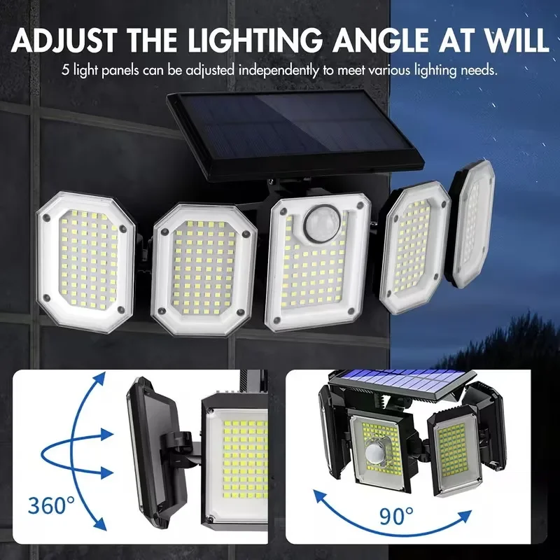 5-Head Solar Powered Outdoor Wall Lamp, Wide Angle Security Light, Waterproof Solar Flood Light for Garden, Garage, Yard