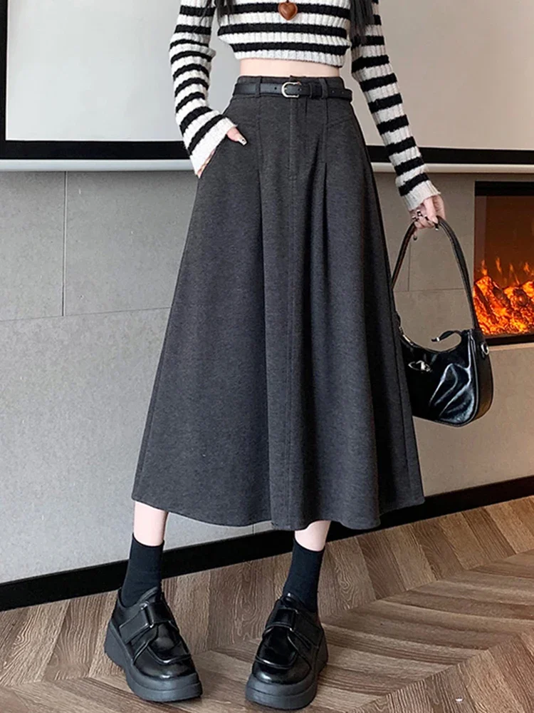 

Faux Woolen Sweet Belt Long Skirts Women High Waist Preppy Style Loose Skirt Casual Korean Lady Elegant Retro Pocket Long Skirt