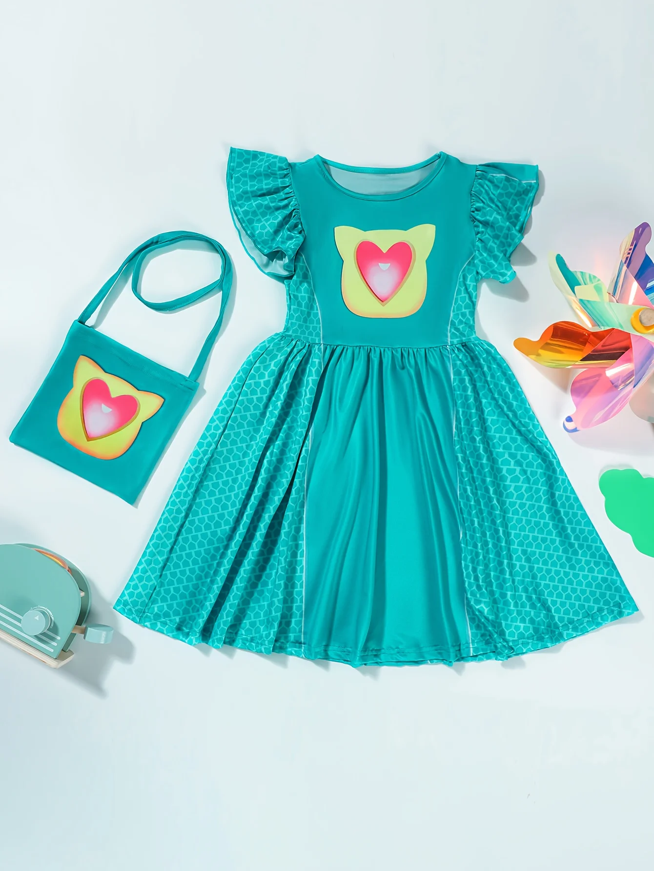 

Костюм для девочек светло-зеленого цвета: 1 платье с принтом «Голова суперкошки» + 1 маленькая сумочка с принтом, в горошек с рукавами-крылышками, праздничное платье для девочек на Рождество и Хэллоуин, костюм для выступлений на сцене и различных фестивал