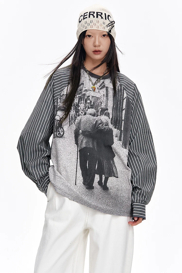 ELFSACK Fitted Graphic Long Sleeve Tee Women, Raglan Striped Sleeve All-Over Print T-Shirt, Retro Y2K Streetwear Top
