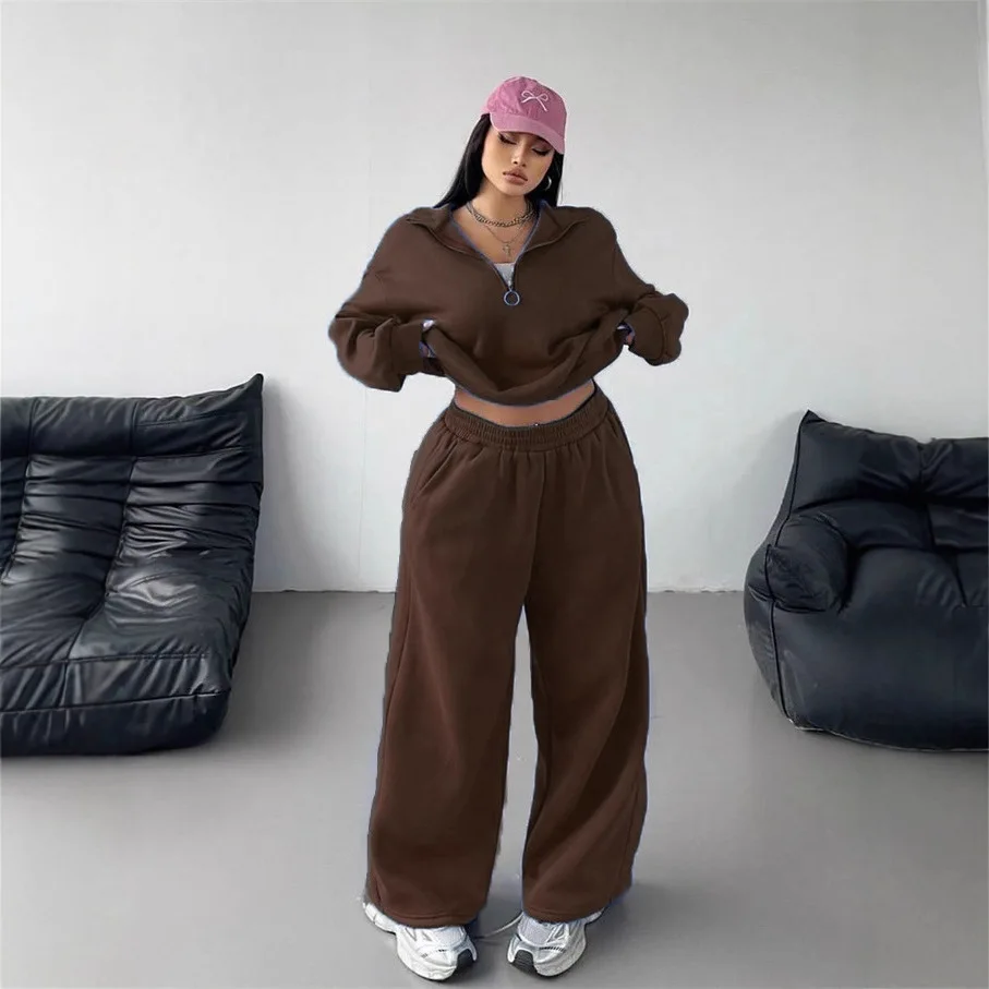 

Повседневный женский модный полуоткрытый пуловер, толстовка, брюки, свободный повседневный осенне-зимний костюм из двух предметов