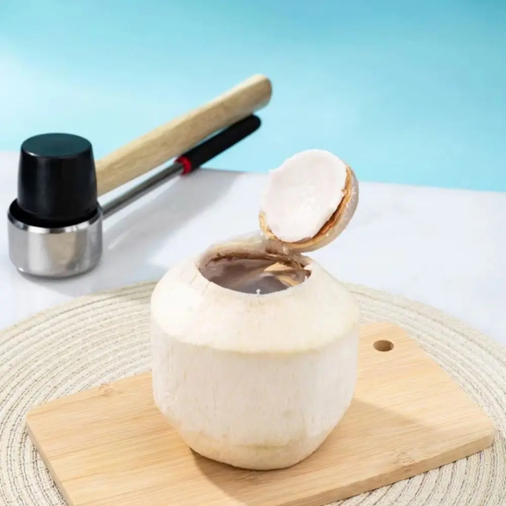 1Set with Corkscrew Coconut Puncher Wood/Rubber Handle Stainless Steel Coconut Opener Kit Professional Coconut Shell Hammer
