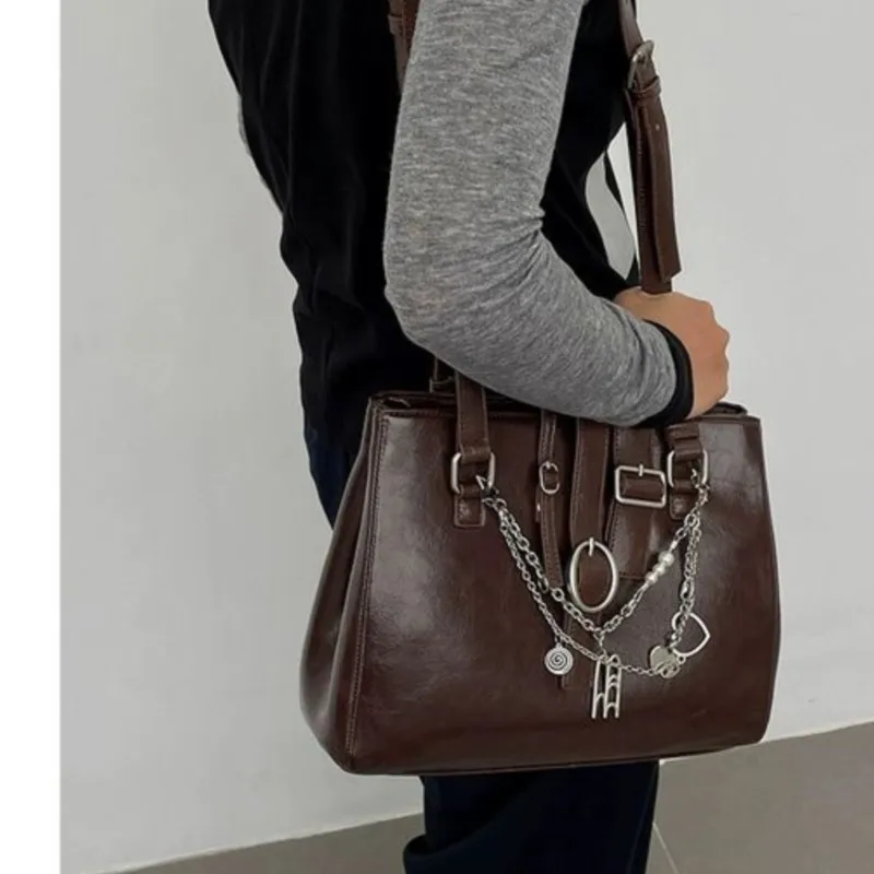 JIAERDI Sweet Cool Brown Shoulder Bags Purse Women High Street Leather Chain Handbag Ladies Moto Biker Casual The Tote Bag Y2k