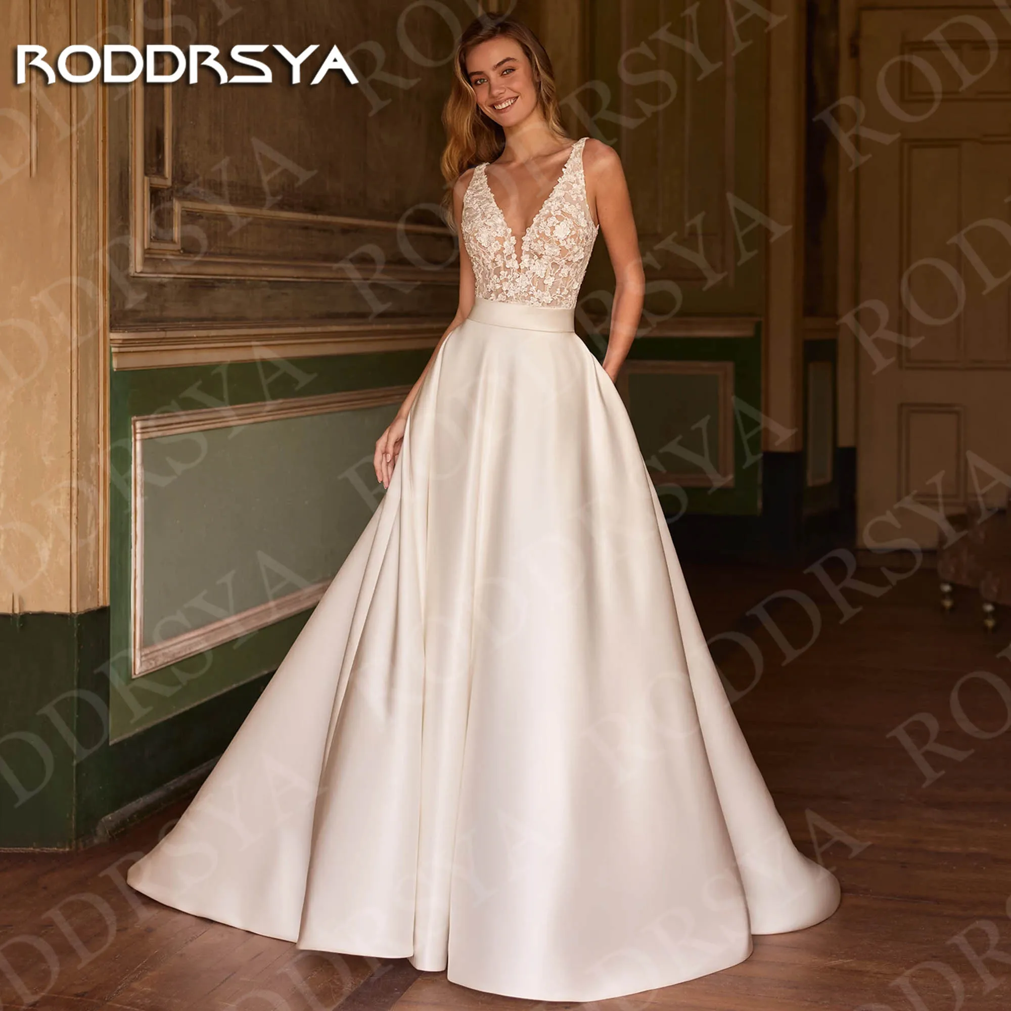 RODDRSYA Wedding Dresses Satin Bride Gowns Sleeveless Two-Piece Lace V Neck A Line Bridal Dress Woman Customized Vestido Novia