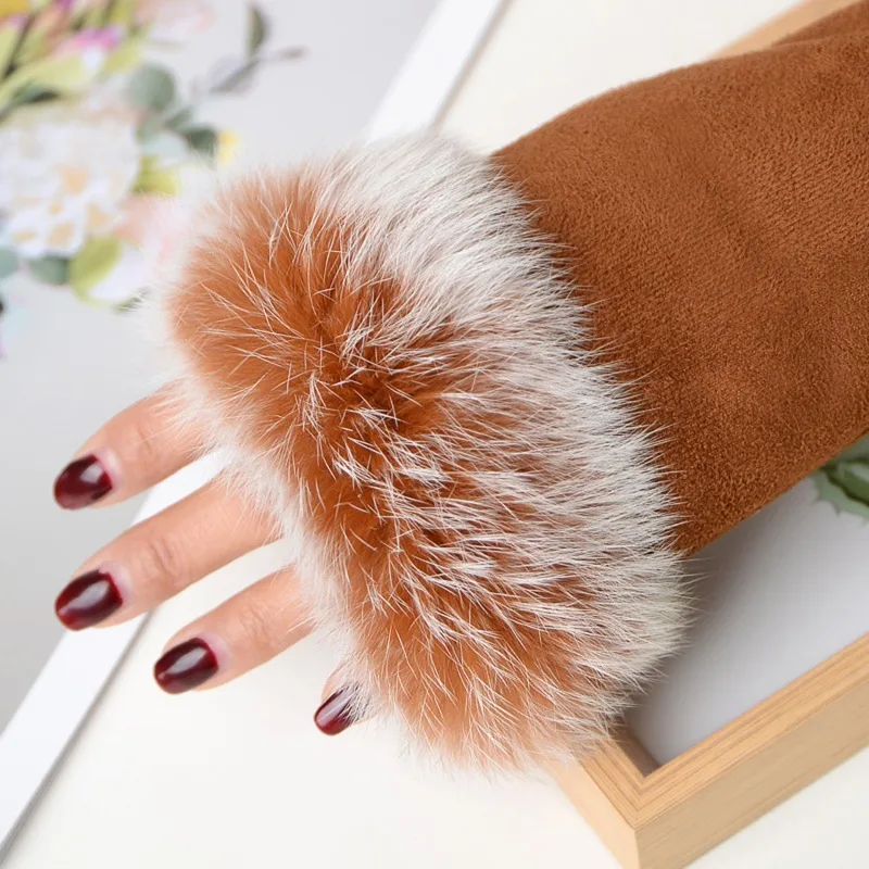 Women's Winter Faux Rabbit Fur Gloves - Fashionable Fingerless Mittens With Faux Leather Wrist Warmers 