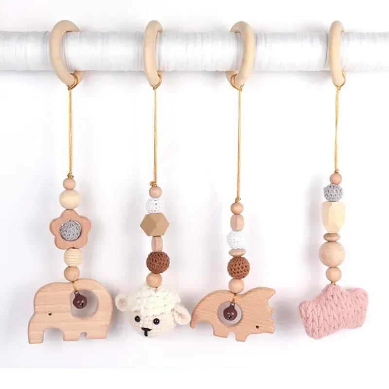 4Pcs Wooden Baby Toys Wooden Beech Activity Gym Frame Stroller Hanging Pendants Toys Teether Ring Nursing Rattle Toys Room Decor