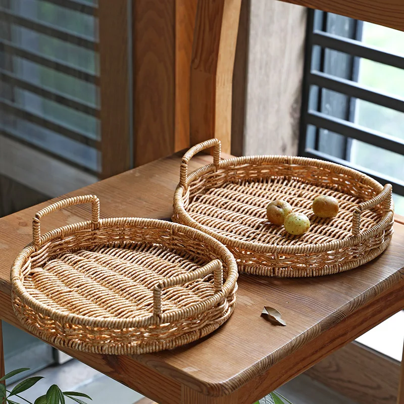 Japanese fruit plate bread basket household two ear tray photo props rattan woven afternoon tea snack basket