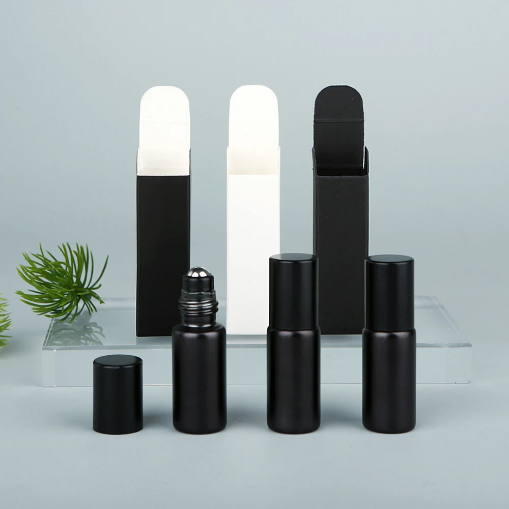 50/100 قطعة 5 مل عطر زجاجي أسود غير لامع مطلي بالكهرباء/زجاجات الزيوت العطرية، بكرات مدمجة ومحمولة وقابلة لإعادة الملء مع صناديق.