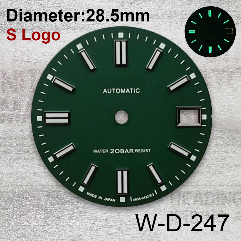 28.5mm s logotipo fosco dial caber nh35/nh36/4r/7s japão movimento verde luminoso de alta qualidade lago azul relógio modificação acessórios
