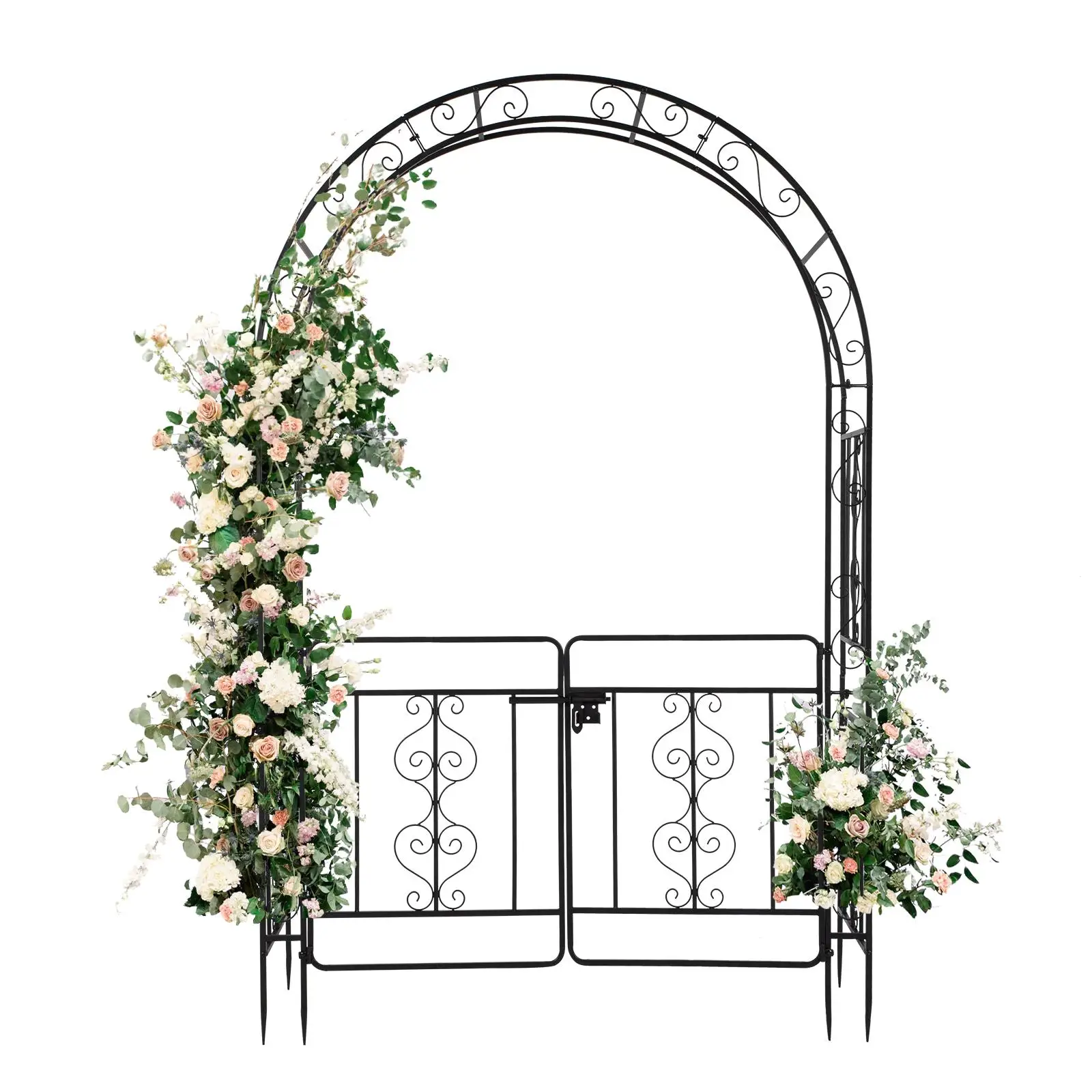 

134.5x58.5x213cm Double Layer Arc Roof Iron Arch Door - Black Wrought Iron Courtyard Decoration