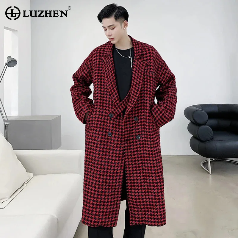 

LUZHEN New Stylish Elegant Plaid Original Long Trench Coat Men's Designer Woolen 2024 Double Breasted Windbreaker Clothes LZ5366