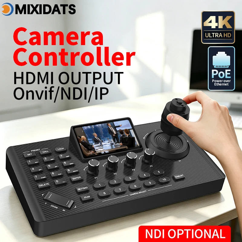 4D Network PTZ Joystick Keyboard & NDI Camera Controller with 3-inch Display, HDMI Output, PoE Support