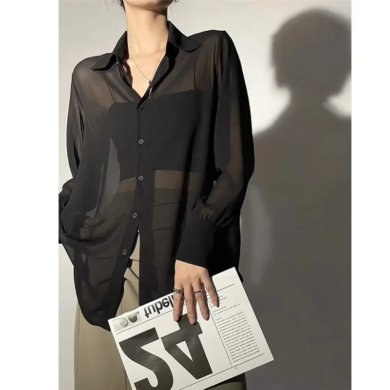 Sun-proof Transparent Shirt Female Mesh Long Sleeve Y2k Top Solid Loose Chiffon Blouse Korean Fashion Cardigan for Women