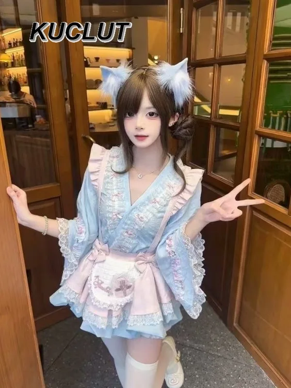 

Sweet and Cute New Girl Suit Ruffle Lace Short-sleeved Top and Bow Strap Skirt Set Spring Autumn Women's Two-piece Sets