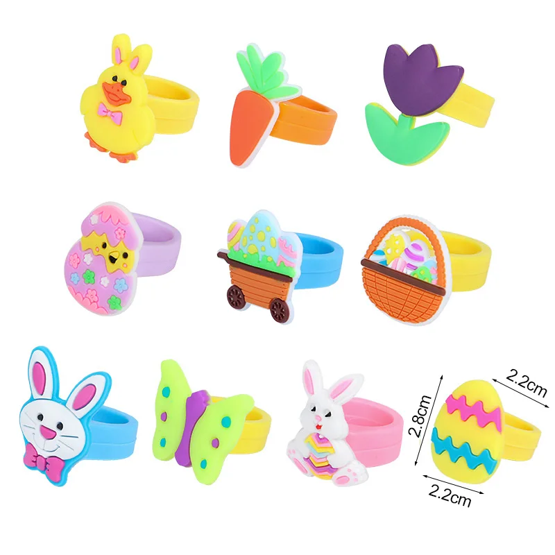 10Pcs Cartoon Rabbit Carrot Eggs Silicone Ring Kids Toy Gift Easter Birthday Party Favors Goodie Bag Pinata Fillers Baby Shower