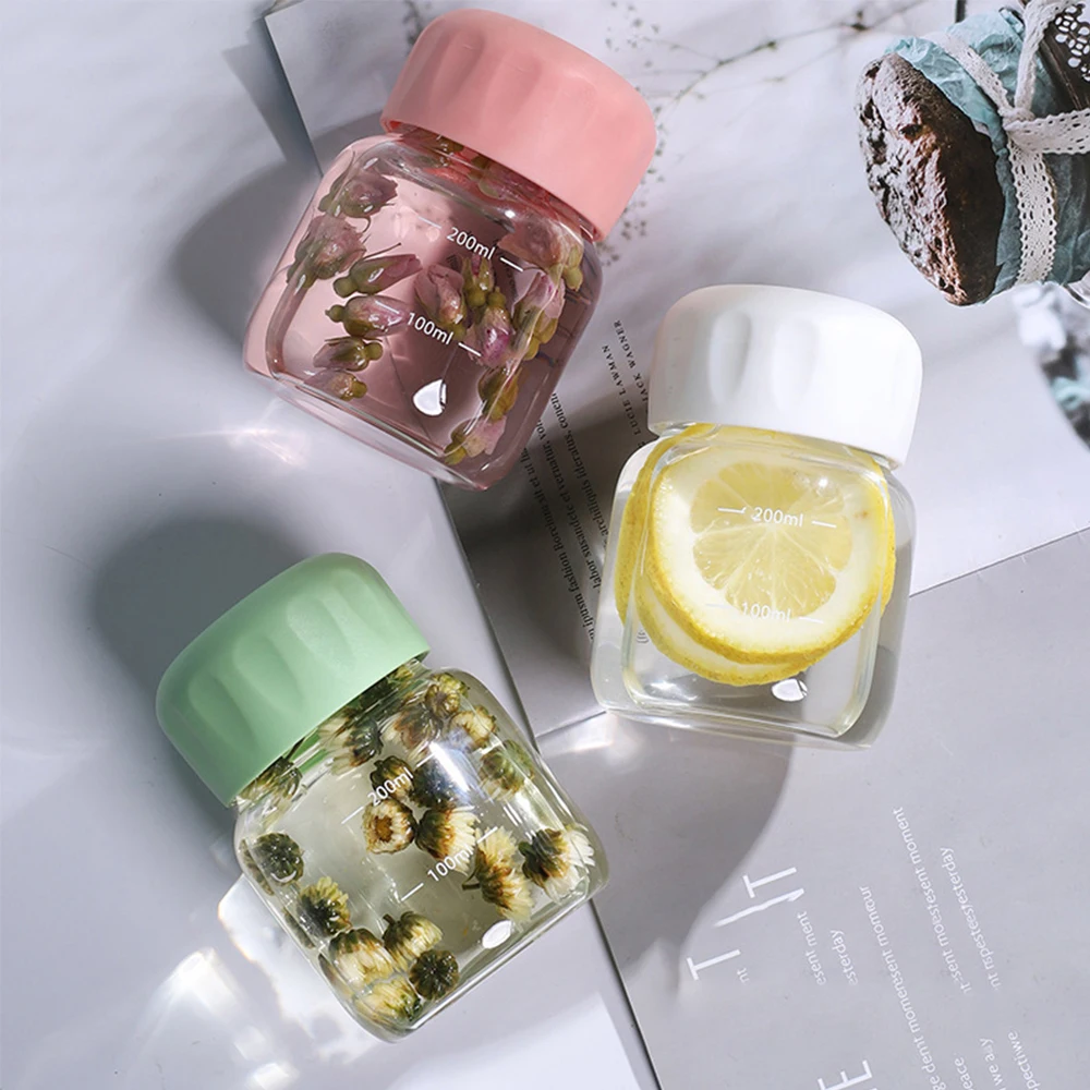 Mini botella de agua de vidrio de 300ml, Mini tazas de café, jugo, leche, té con escala, portátil para niños, reutilizable, beber, personalizable