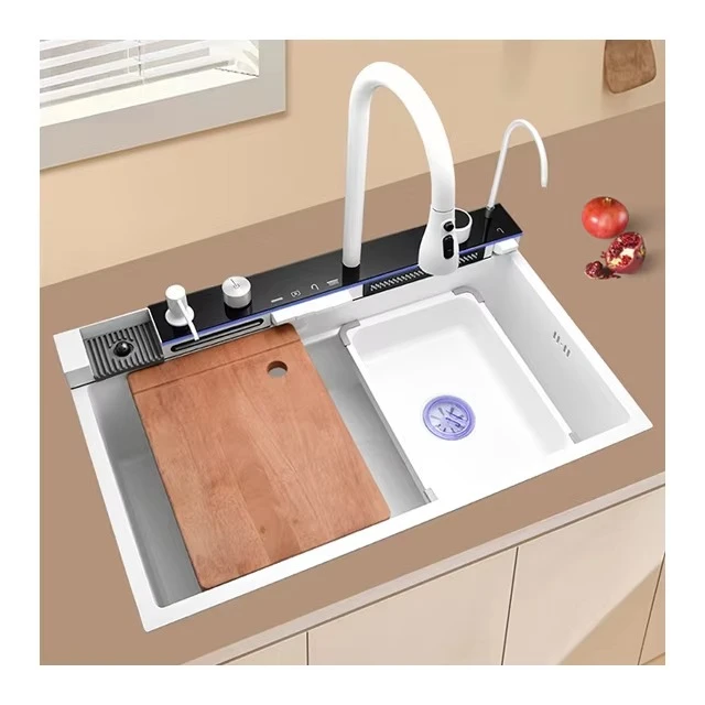 Fregadero de Cocina Inteligente Negro con Cascada, el Más Vendido, Hecho a Mano, con Luz LED, Fregadero de Acero Inoxidable
