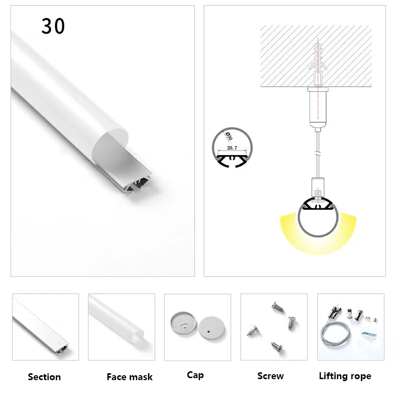 Imagem -03 - Canal de Perfil de Alumínio Redondo Suporte do Difusor do pc para a Tira Conduzida Hanging Bar Light Home Decor Diâmetro 20 mm 30 mm 60 mm 0.5 m 1m