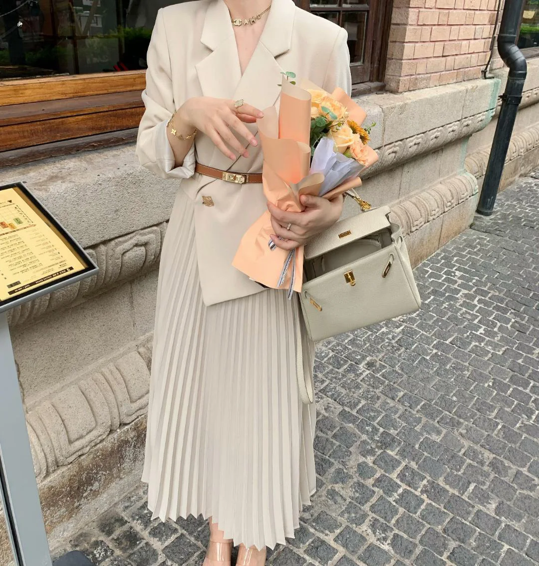 Elegant Suit Jacket Slim Pleated Suit Skirt Dresses Vintage Black Long Dress with Waistband White Office Lady Blazer Streetwear