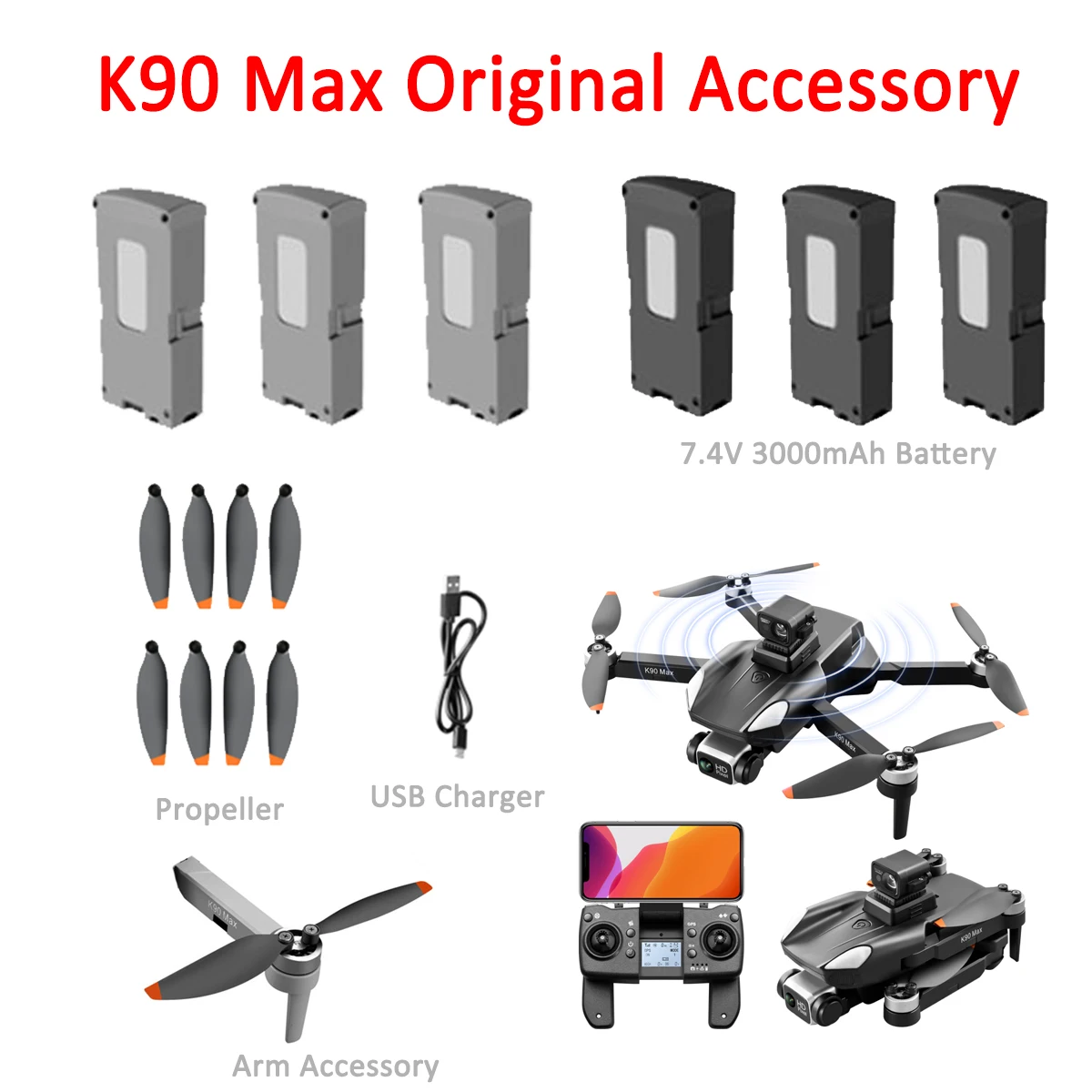 

K90 Max Drone Drone Original Accessory Propeller Blade Front Rear Arm with Motor 7.4V 3000mAh Battery USB Charger Spare Part