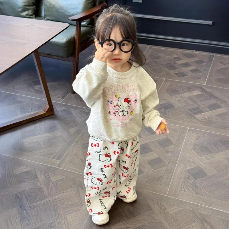 

Kawaii Hello Kitty Sanrio Children Cute Cartoon Comfortable Warm Sportswear Plus Cotton Hoodie Trousers Birthday Gift for Kids