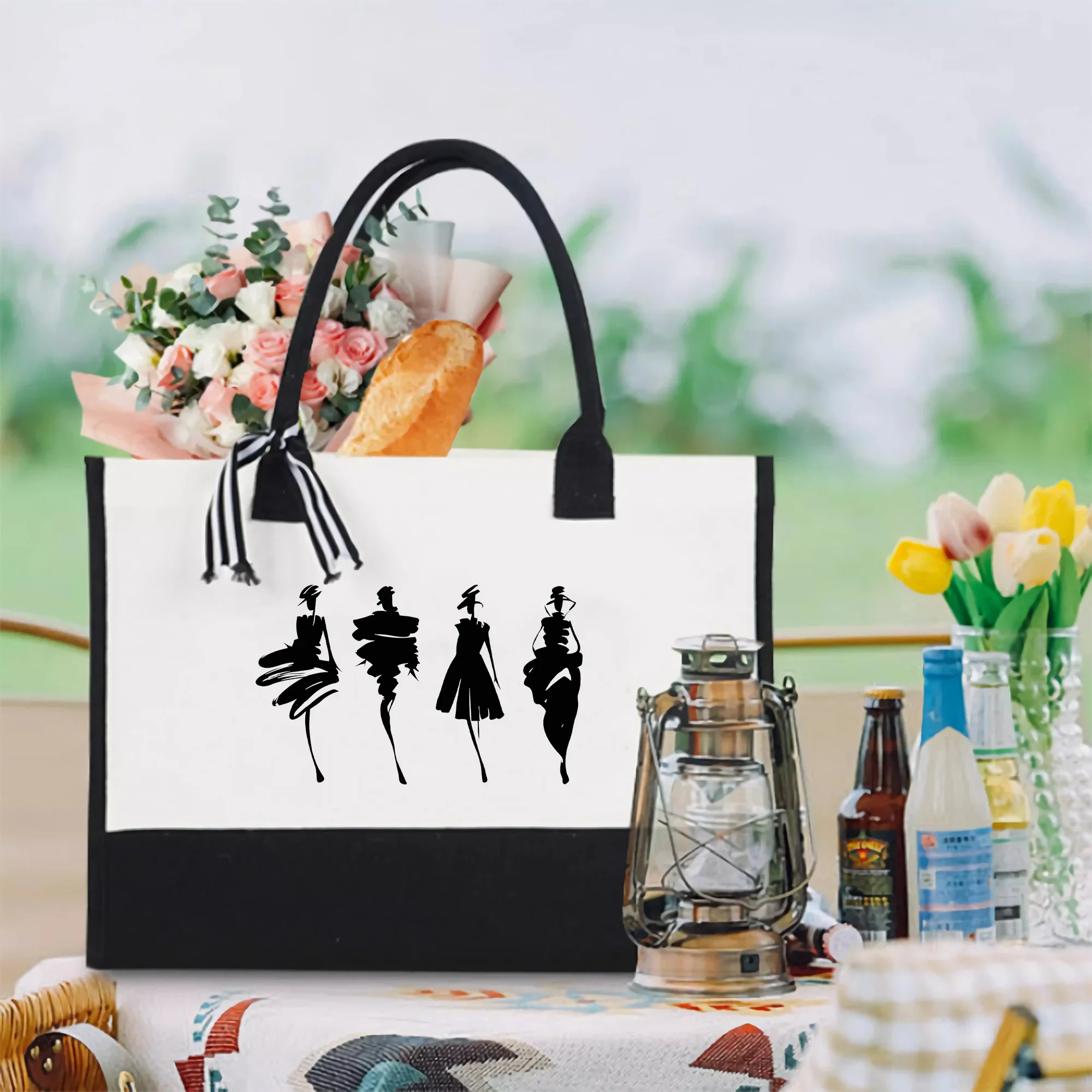 Модная модель с принтом, универсальная большая сумка с цветными блоками, подарочная сумка, экологически чистая парусиновая пляжная сумка для покупок большой вместимости, подарок для девочек