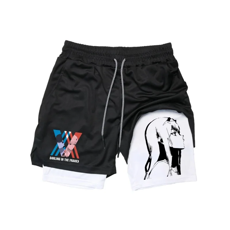 Zero Two 2in1 Pantaloncini da corsa Palestra da uomo Allenamento fitness Pantaloni corti ad asciugatura rapida Uomo Sport all'aria aperta Jogging Bermuda con tasca incorporata