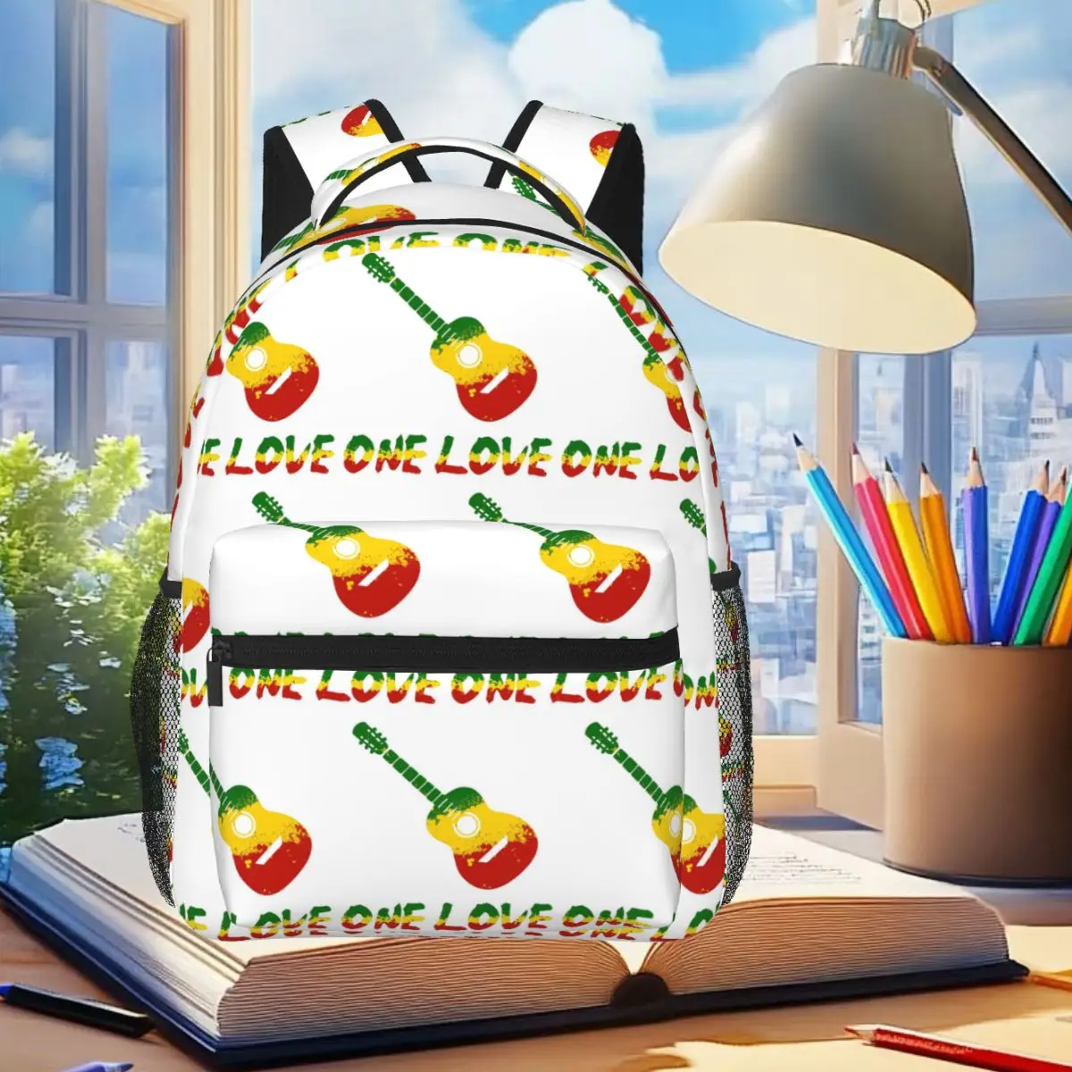 Guitar One Love Rasta Reggae Music Jamaica Art Backpack Student Boys Girls BookBag Children School Bag Computer Shoulder Bags