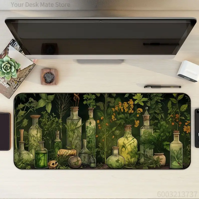 Witchy Botanical Potions Plants Desk Decor Green Desk Mat Mouse Pad Mousepad Keyboard Mat Rug Pc Accessory Office Carpet Setup