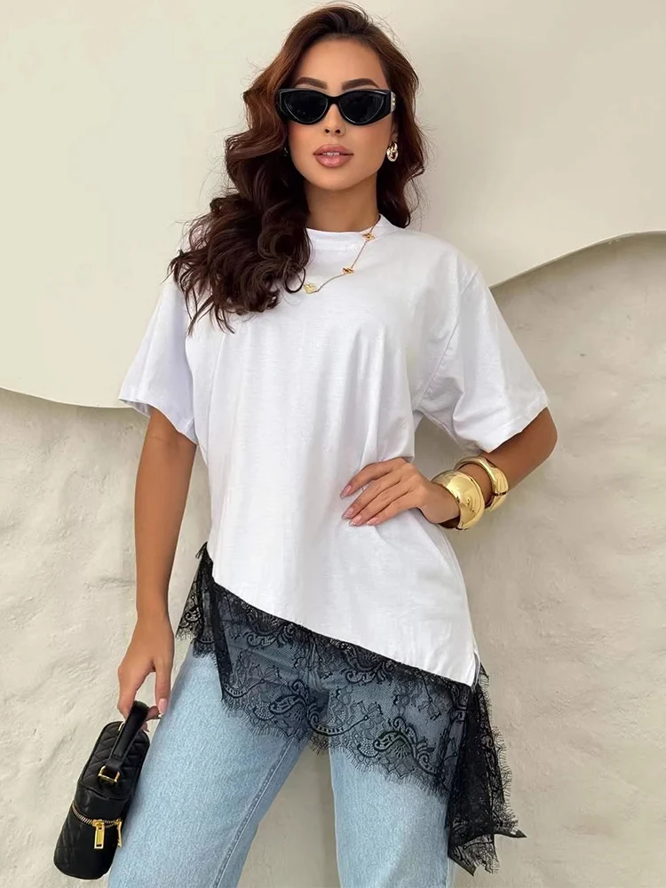 

Trendix Lace Tee For Women 2026 Summer O Neck Loose Long Shirts Femme Street Casual Party Fashion Holiday Mesh Basic T Shirts