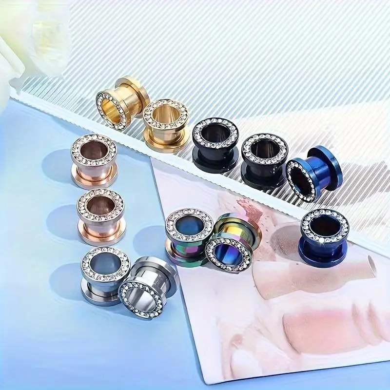 2pcs Stainless Steel Crystal Zircon Ear Tunnels Plug Screw Fit Colorful Ear Flesh Gauge Ear Expanders Body Piercing Jewelry