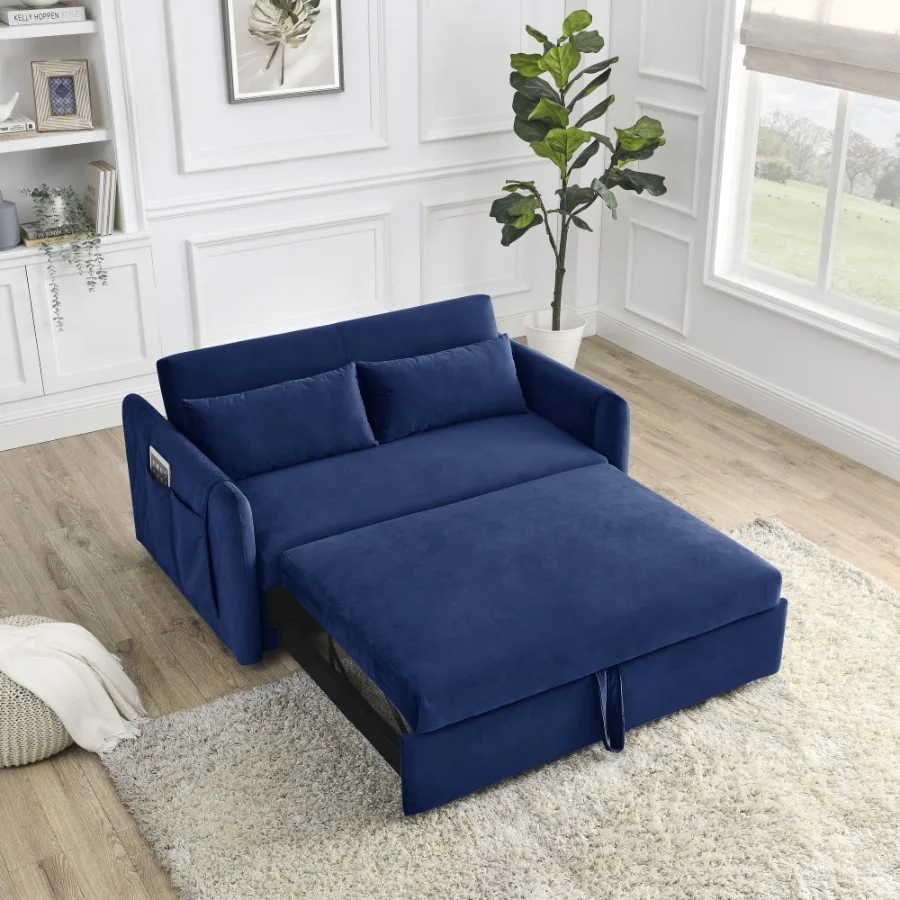 

55 Modern Convertible Sofa Bed with 2 Detachable Arm Pockets; Velvet Loveseat Sofa with Pull Out Bed; 2 Pillows and Living Room