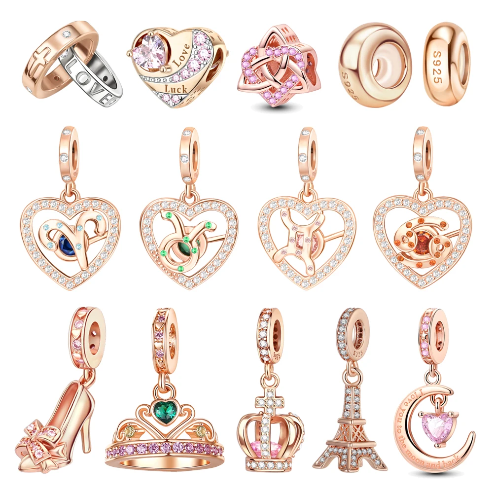 Rose Gold 925 Sterling Silver Twelve Zodiac Signs Gold-Plated High Heel Moon Heart Charm Fit DIY Bracelet Necklace Party Gifts