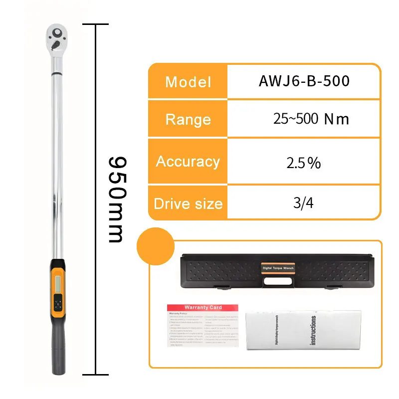 ALIYIQI AW6J-B-500N.M 3/4''Driver Preset Big Screen Digital Torque Wrench With Buzzer 2% Accuracy  Bicycle Hand Repair Tools