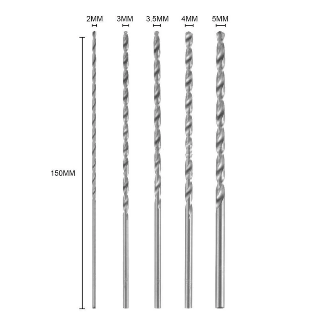 5pcs 2-5mm HSS Extra Long Straight Drill Bits Set Shank Twist Drill Bits For Drilling Wood Plastic Aluminum Alloy Drilling Tool