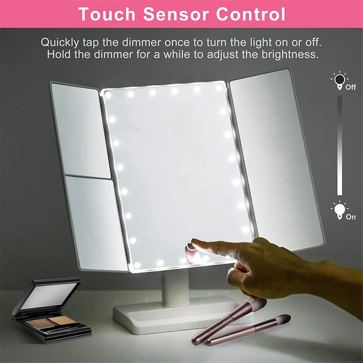 Trifold Makeup Mirror with 22 LED Lights,10X/3X/2X Magnification Portable Fold Lighted Table Desk Cosmetic Mirror,White