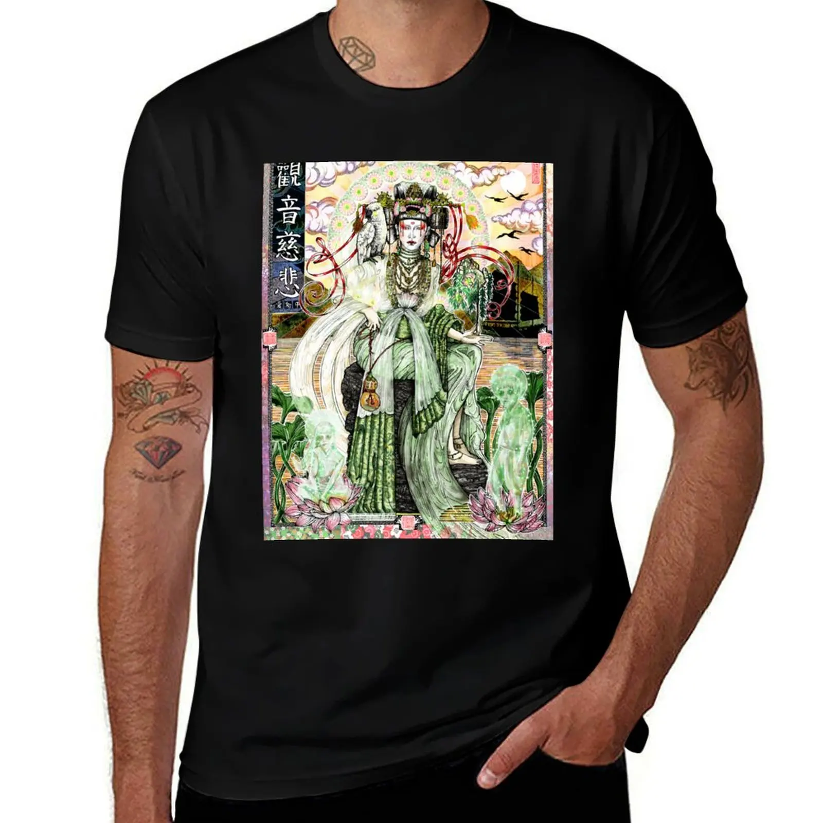 Quan (Kwan) Yin'The Green Tara' Buddhist Goddess of Mercy Full Colour Illustration T-Shirt Durable Work Wear T-Shirt