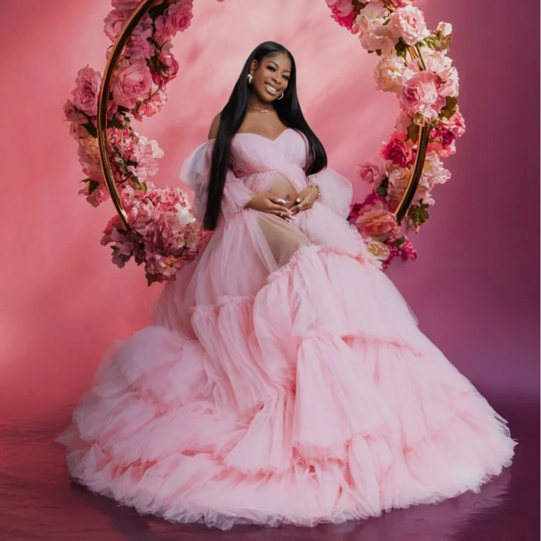 

Pink Prom Dresses Layers Tulle Maternity Dress Customized Sweetheart Ruffles Front Slit vestido de novia Photography Props