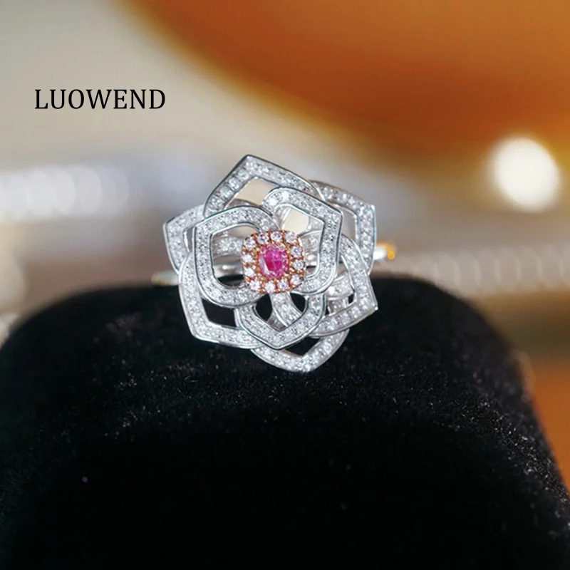 LUOWEND 100% 18K White Gold Rings Elegant Skeleton Rose Shape Real Natural Pink Diamond Engagement Ring for Women High Jewelry