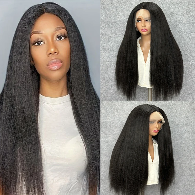 

Preplucked 26“Long Kinky Straight 180Density Lace Front Wig For Women BabyHair Soft Black Glueless Heat Resistant Daily Wig