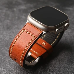 Handmade Head Layer Cowhide Leather Strap for iWatch Apple Watch 49MM 45MM 44MM Ultra2 S8 S9 Blue Brown Vintage Bracelet Thicken