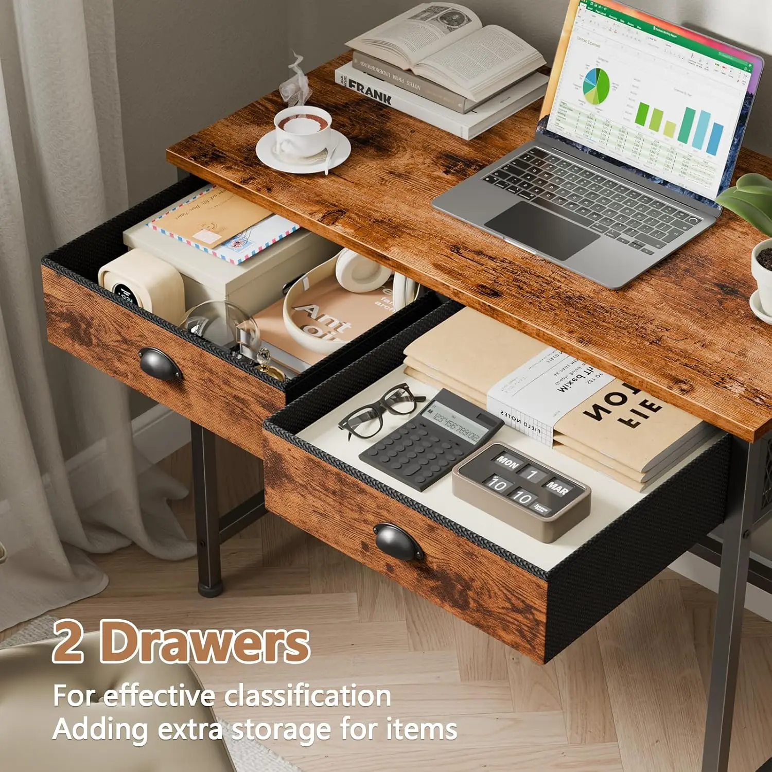 34-Inch Small Computer Desk with 2 Fabric Drawers, Hooks for Bedroom Office Study Makeup Vanity Rustic Brown