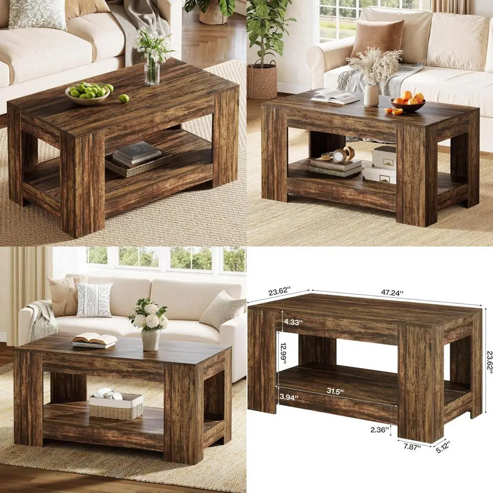 

Rustic Farmhouse Style 47 Rectangle 2-Tier Wooden Coffee Table with Storage for Living Room and Office